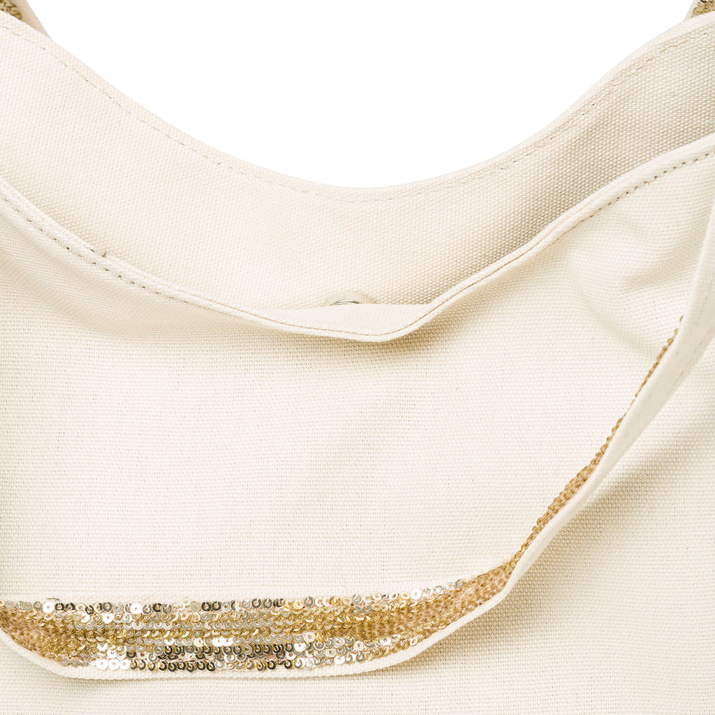 Borsa a spalla beige con paillettes Lora Ferres