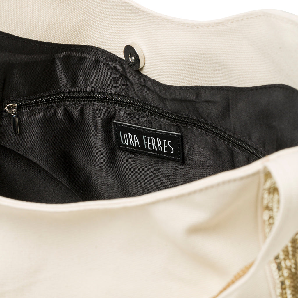 Borsa a spalla beige con paillettes Lora Ferres