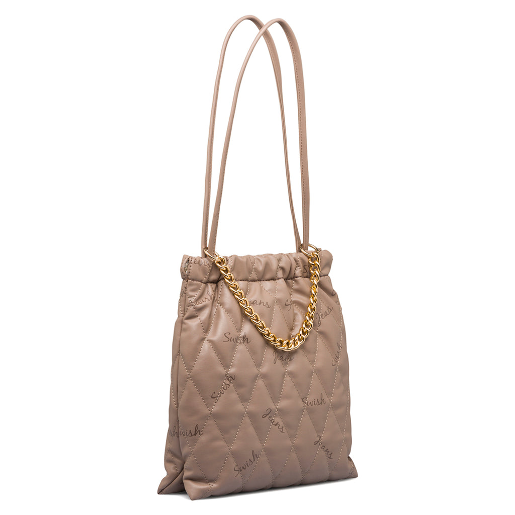 Borsa a spalla taupe trapuntata da donna con catenina Swish Jeans