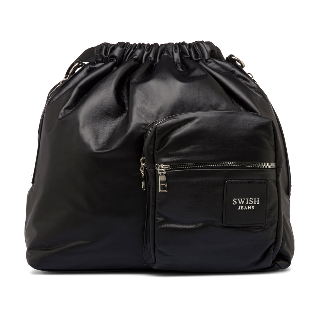 Borsa a spalla nera da donna con tasca frontale e logo argento Swish Jeans