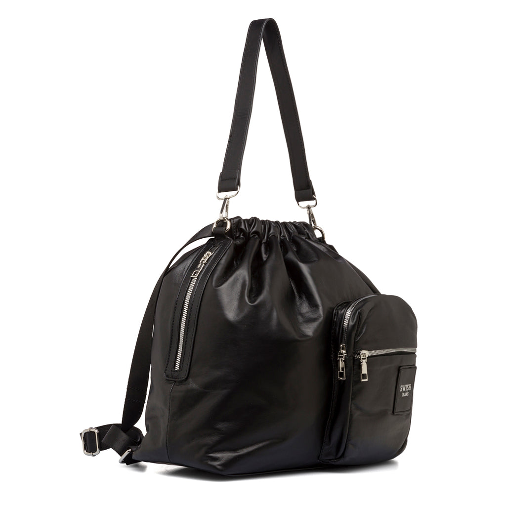 Borsa a spalla nera da donna con tasca frontale e logo argento Swish Jeans