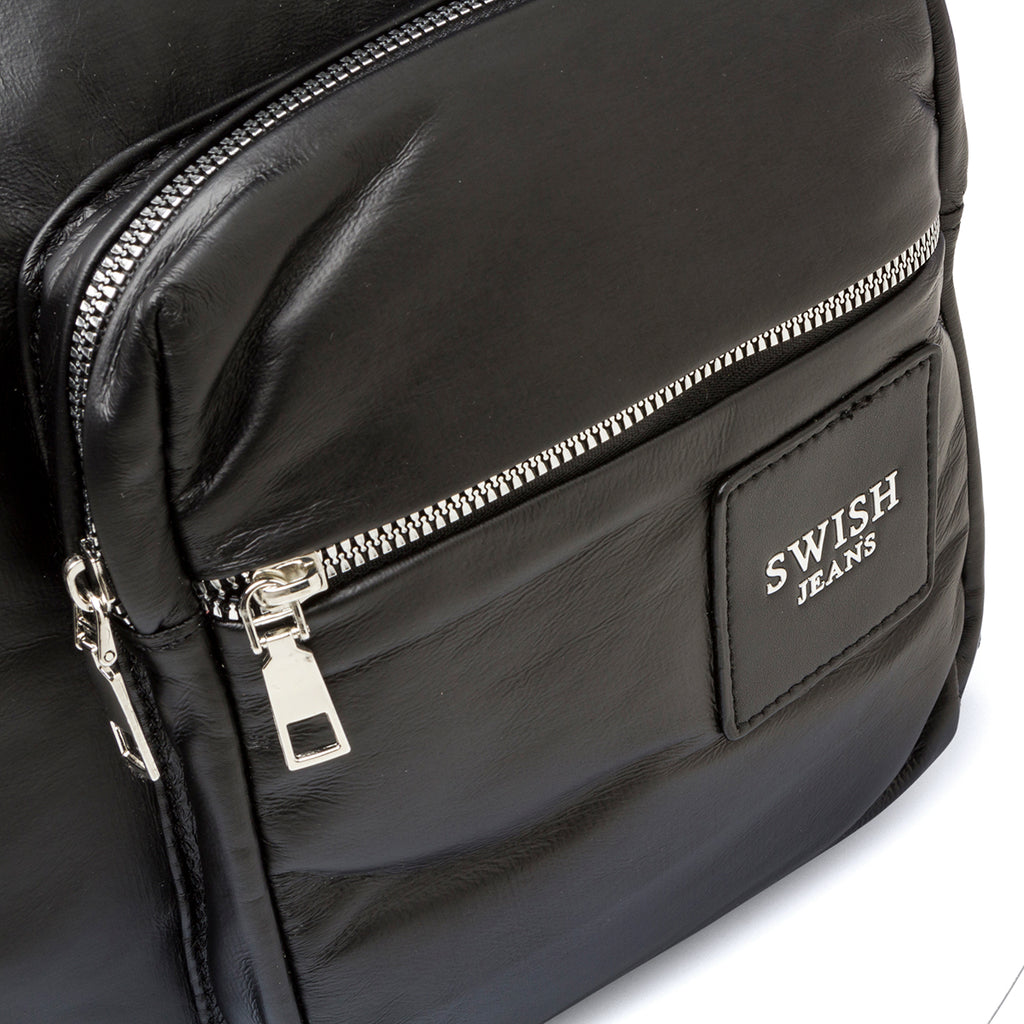 Borsa a spalla nera da donna con tasca frontale e logo argento Swish Jeans