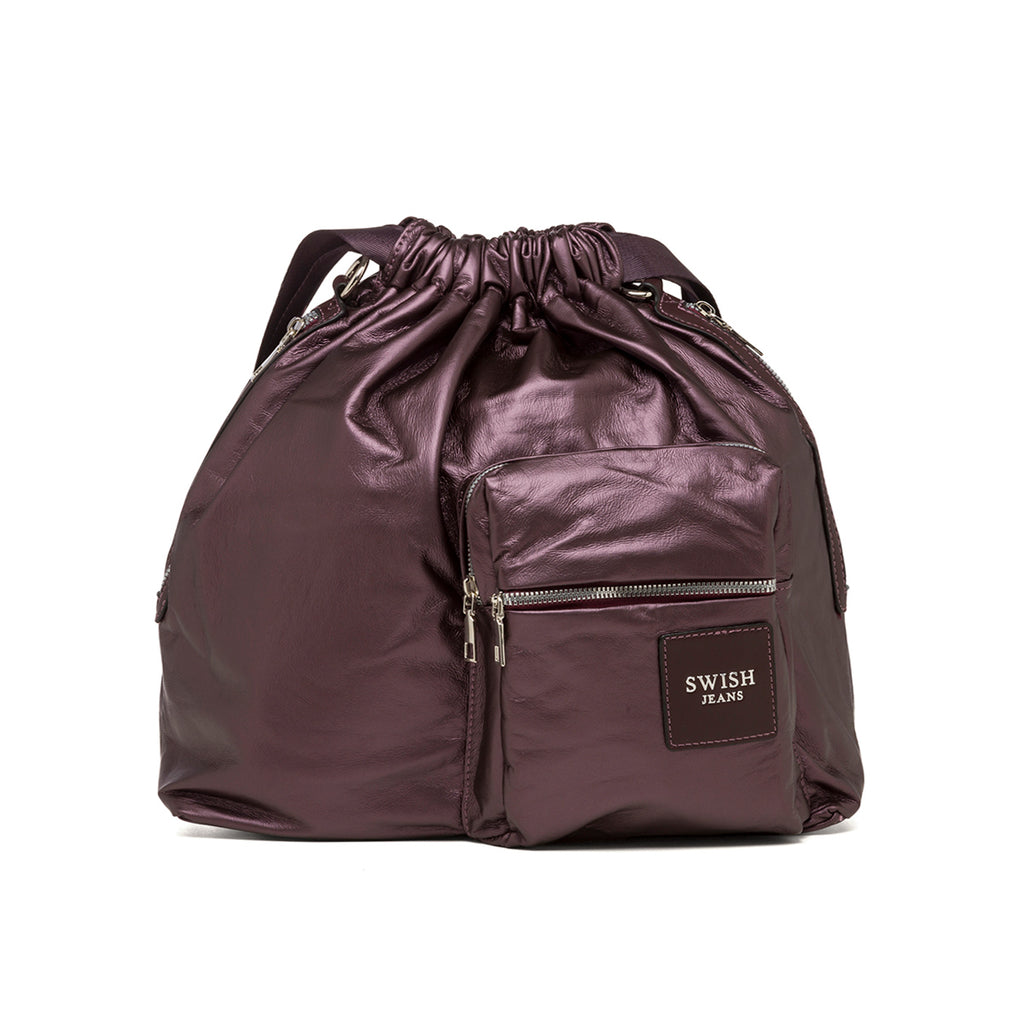 Borsa a spalla viola da donna con tasca frontale e logo argento Swish Jeans