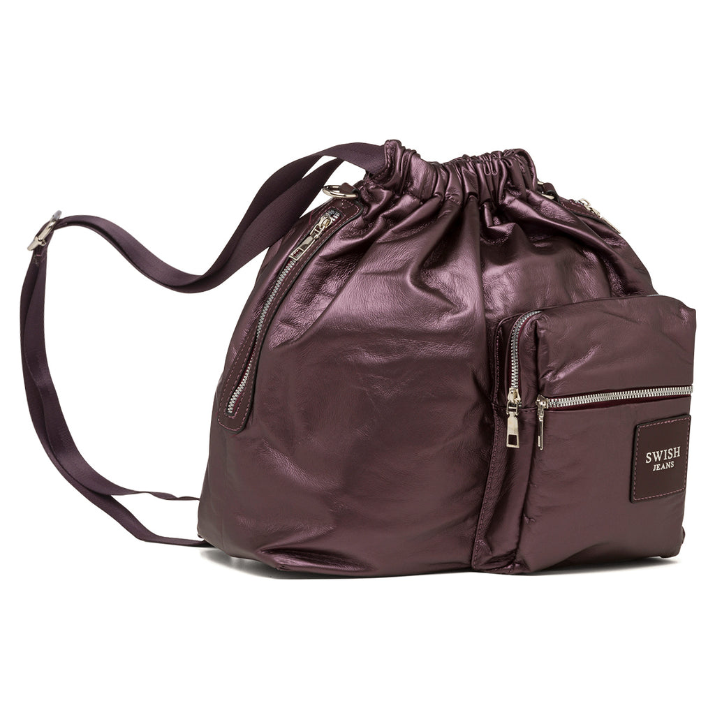 Borsa a spalla viola da donna con tasca frontale e logo argento Swish Jeans
