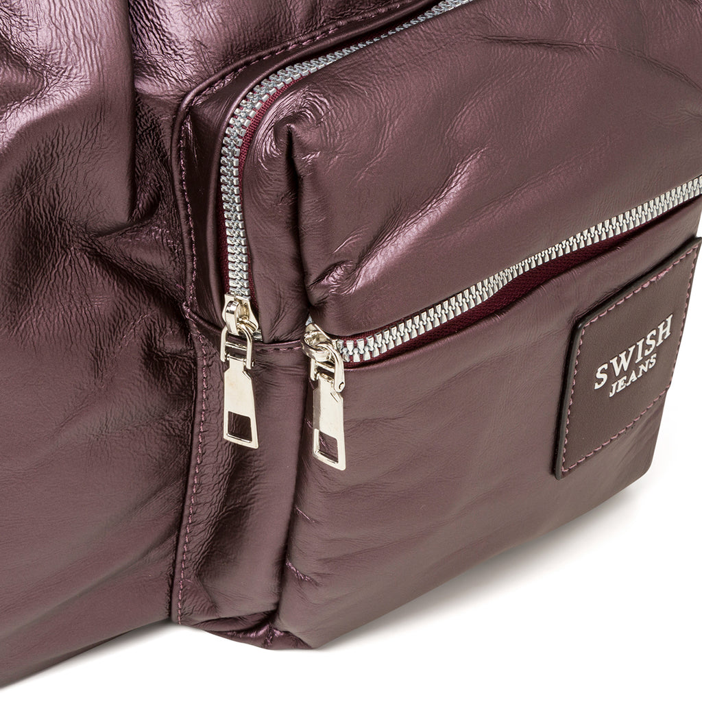 Borsa a spalla viola da donna con tasca frontale e logo argento Swish Jeans