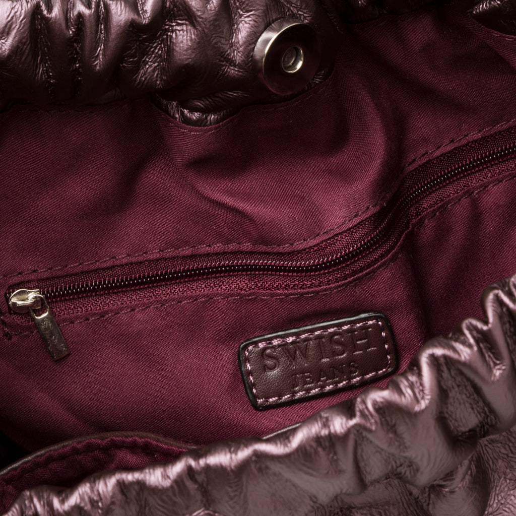 Borsa a spalla viola da donna con tasca frontale e logo argento Swish Jeans