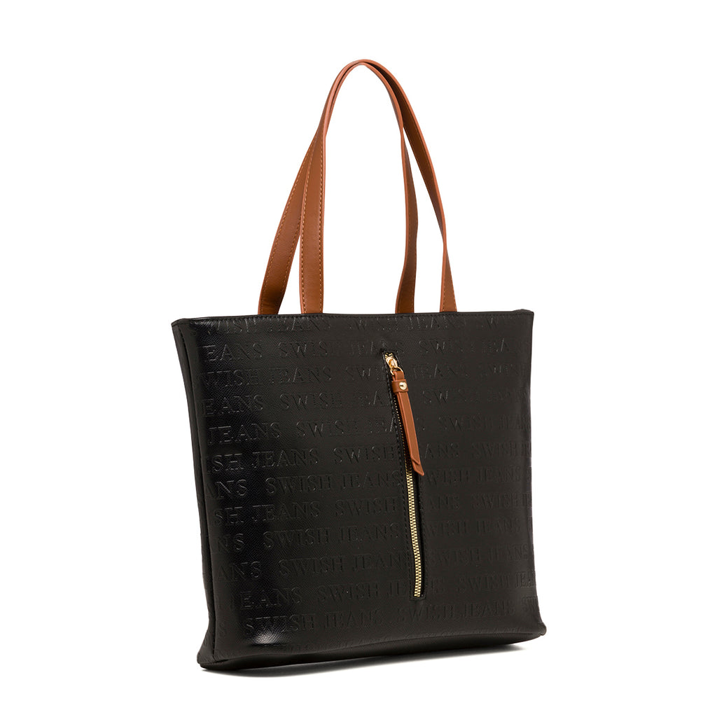 Borsa a spalla nera da donna con zip verticale e monogramma Swish Jeans