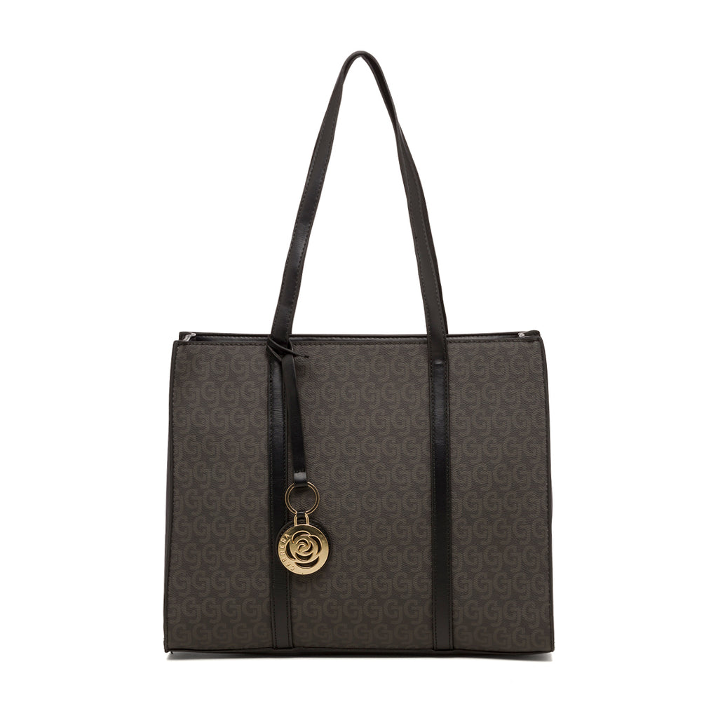 Borsa a spalla nera da donna con medaglione dorato e stampa monogramma Carrera Audrey