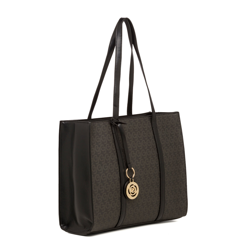 Borsa a spalla nera da donna con medaglione dorato e stampa monogramma Carrera Audrey