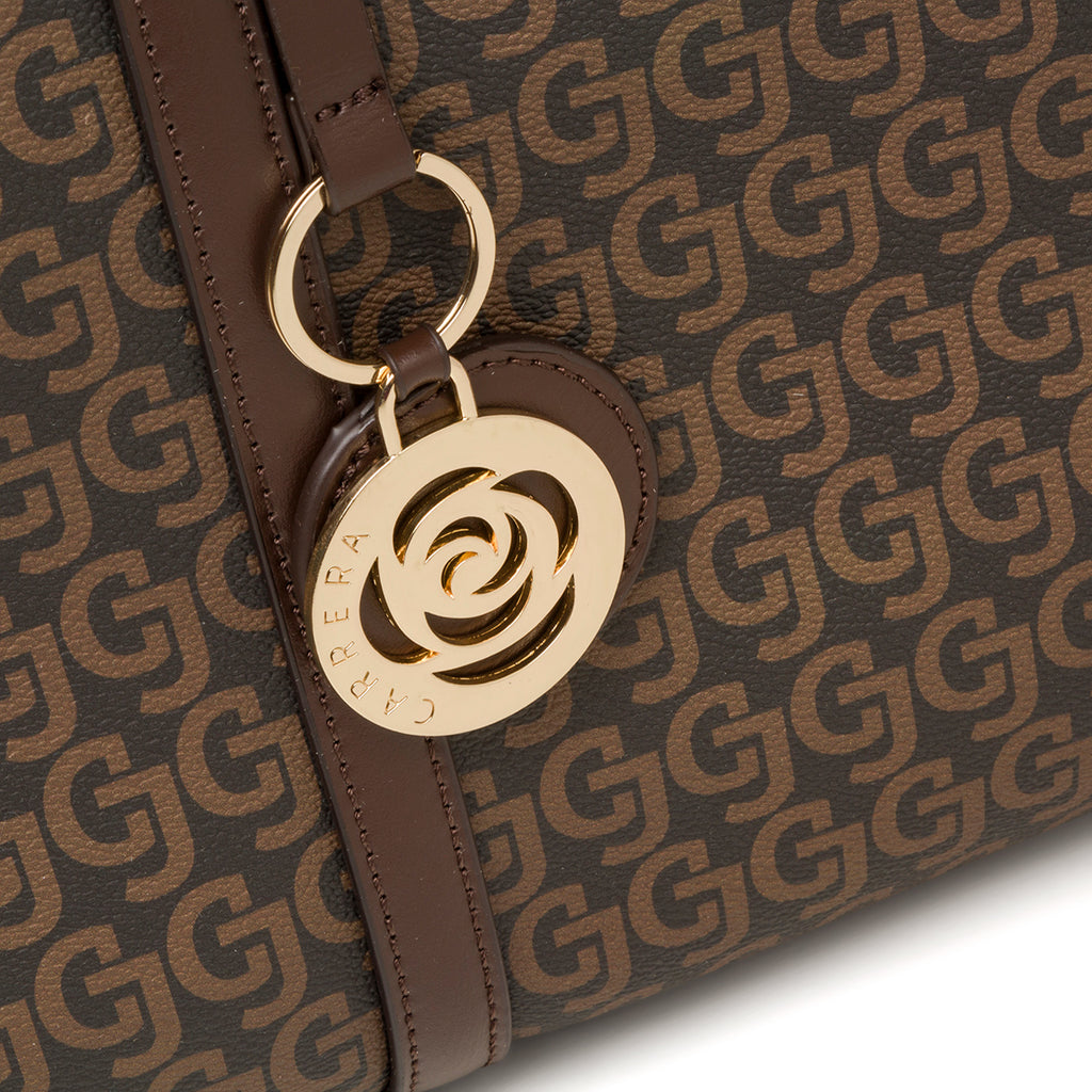 Borsa a spalla marrone da donna con medaglione dorato e stampa monogramma Carrera Audrey