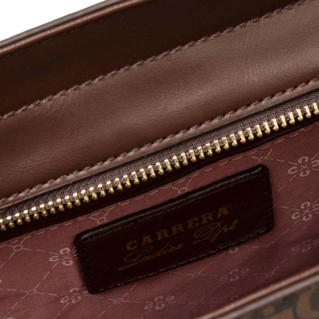 Borsa a spalla marrone da donna con medaglione dorato e stampa monogramma Carrera Audrey