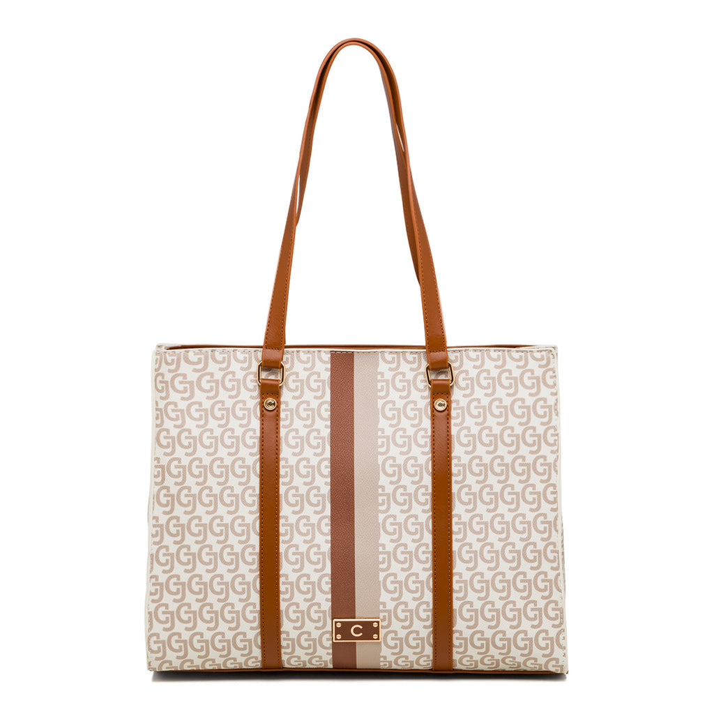 Borsa a spalla bianca con dettagli marroni e monogramma da donna Carrera Jeans Audrey