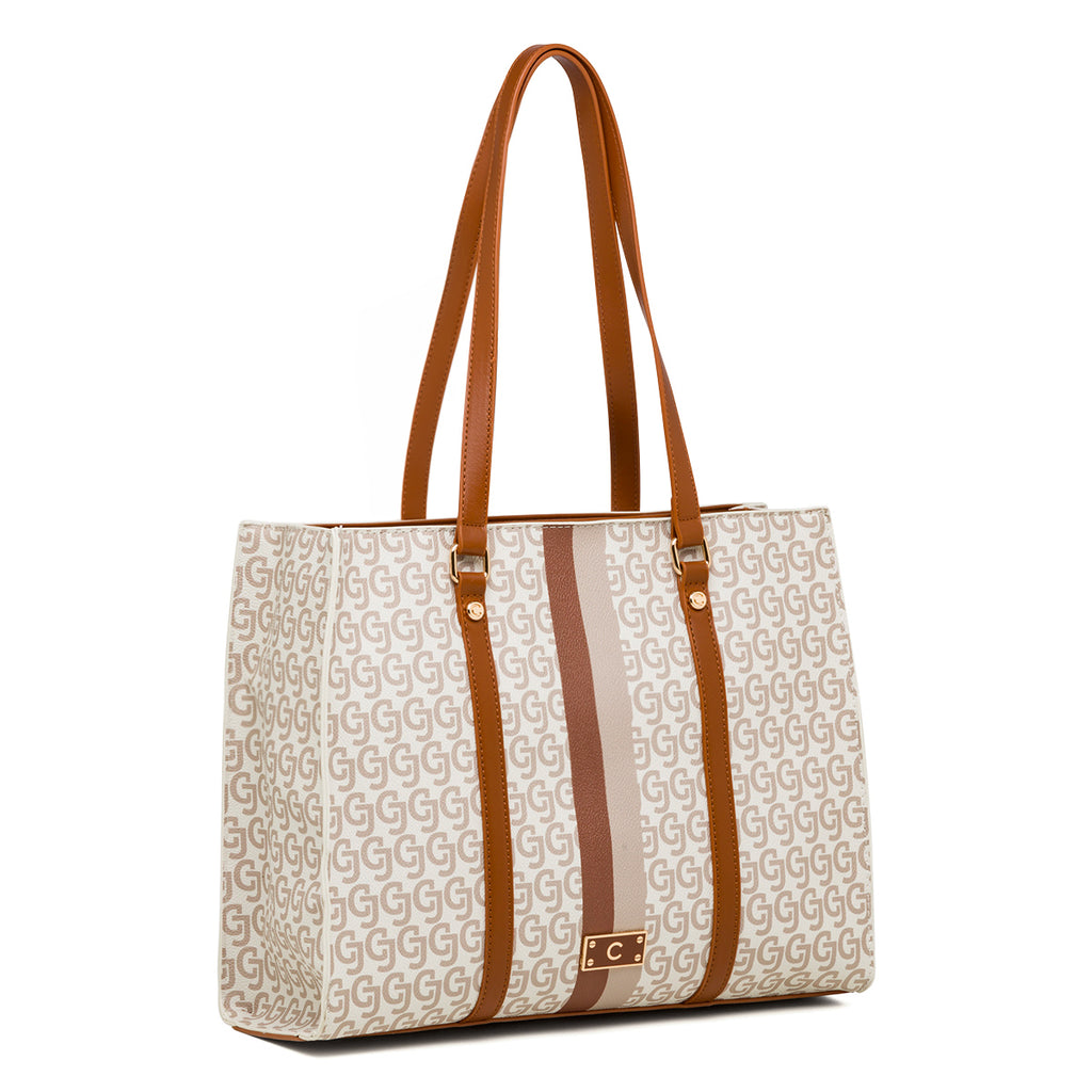 Borsa a spalla bianca con dettagli marroni e monogramma da donna Carrera Jeans Audrey