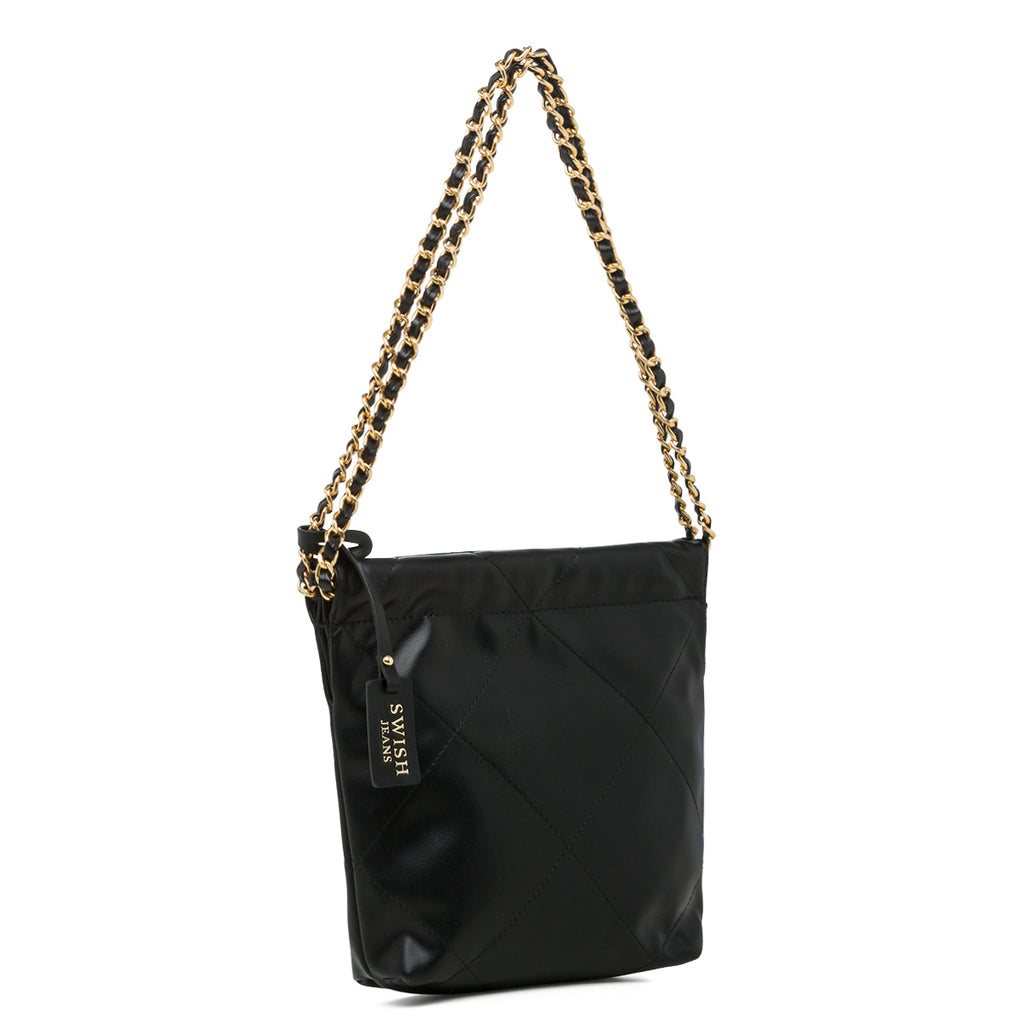 Borsa a spalla nera trapuntata da donna con manico a catena Swish Jeans Matilda