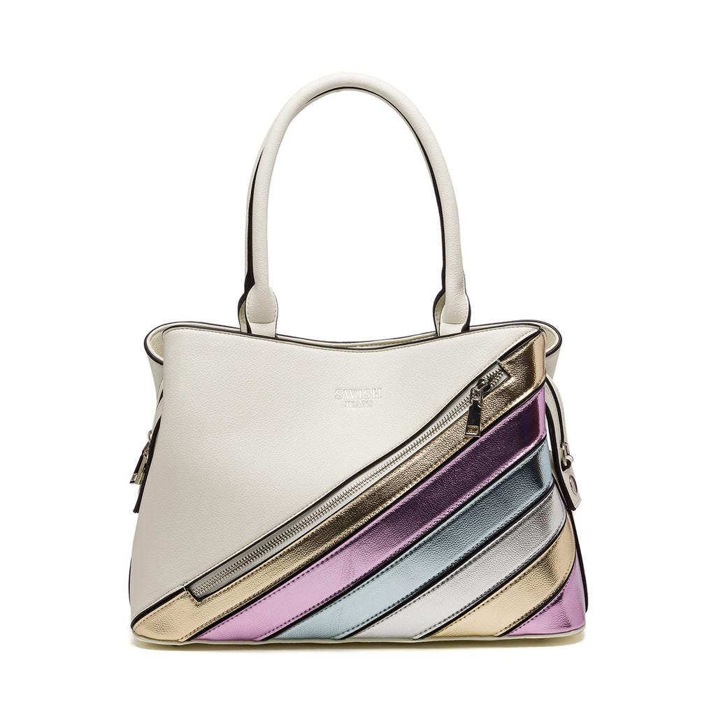 Borsa a mano bianca con strisce laminate multicolore Swish Jeans
