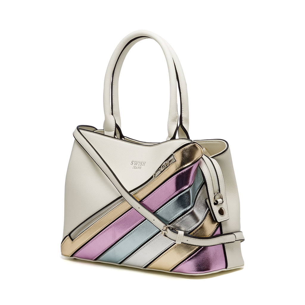 Borsa a mano bianca con strisce laminate multicolore Swish Jeans