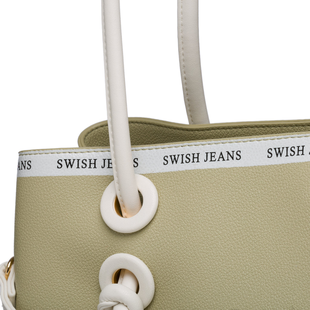 Borsa a mano verde con manici bianchi e fascia logata Swish Jeans