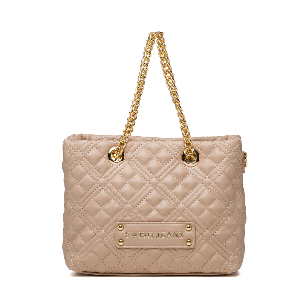 Borsa a mano color nude effetto trapuntato con manici in metallo Swish Jeans