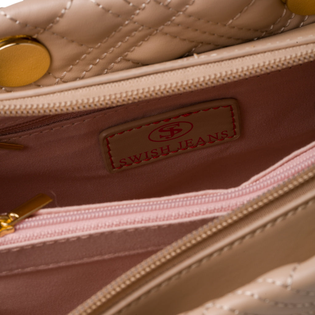 Borsa a mano color nude effetto trapuntato con manici in metallo Swish Jeans