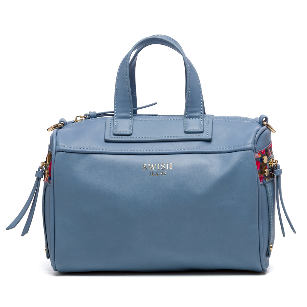 Borsa a mano azzurra con dettagli floreali e borchie piatte oro Swish Jeans