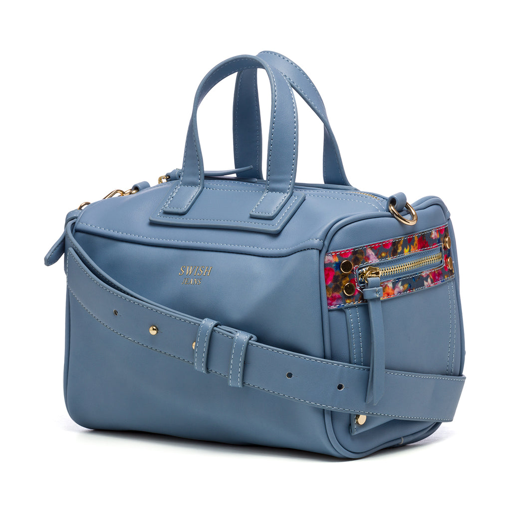 Borsa a mano azzurra con dettagli floreali e borchie piatte oro Swish Jeans