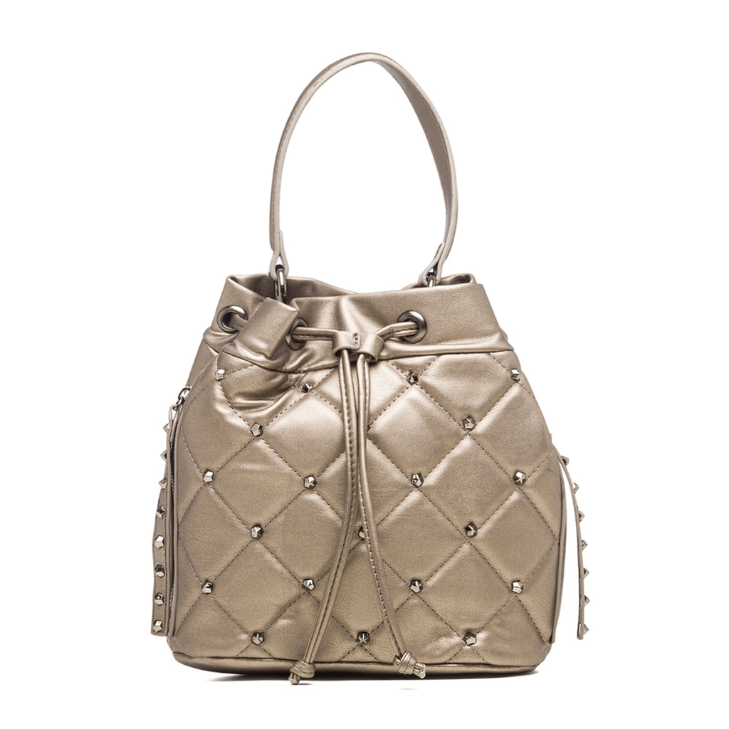 Borsa a secchiello color argento con borchiette Lora Ferres