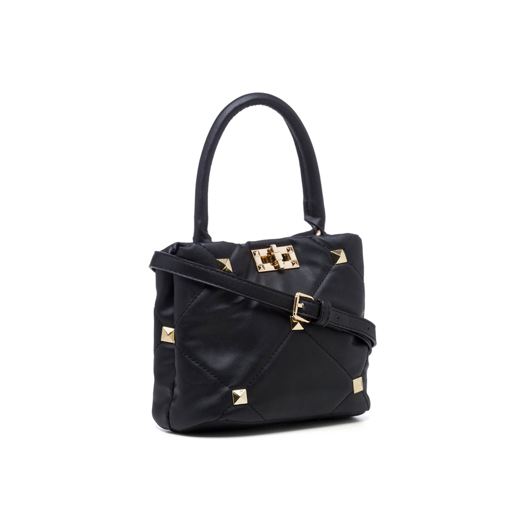 Borsa a mano nera effetto trapuntato con borchie piramidali Lora Ferres