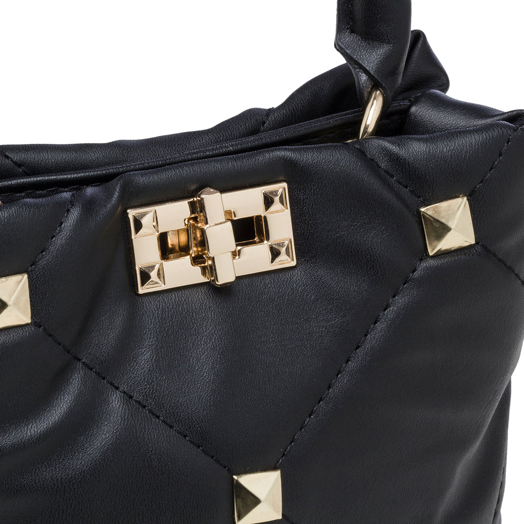 Borsa a mano nera effetto trapuntato con borchie piramidali Lora Ferres