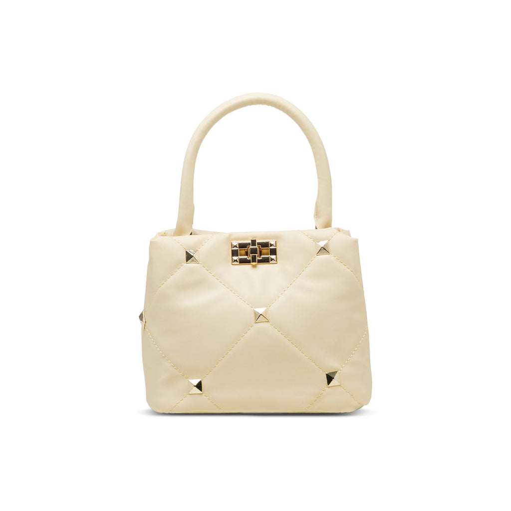 Borsa a mano gialla effetto trapuntato con borchie piramidali Lora Ferres