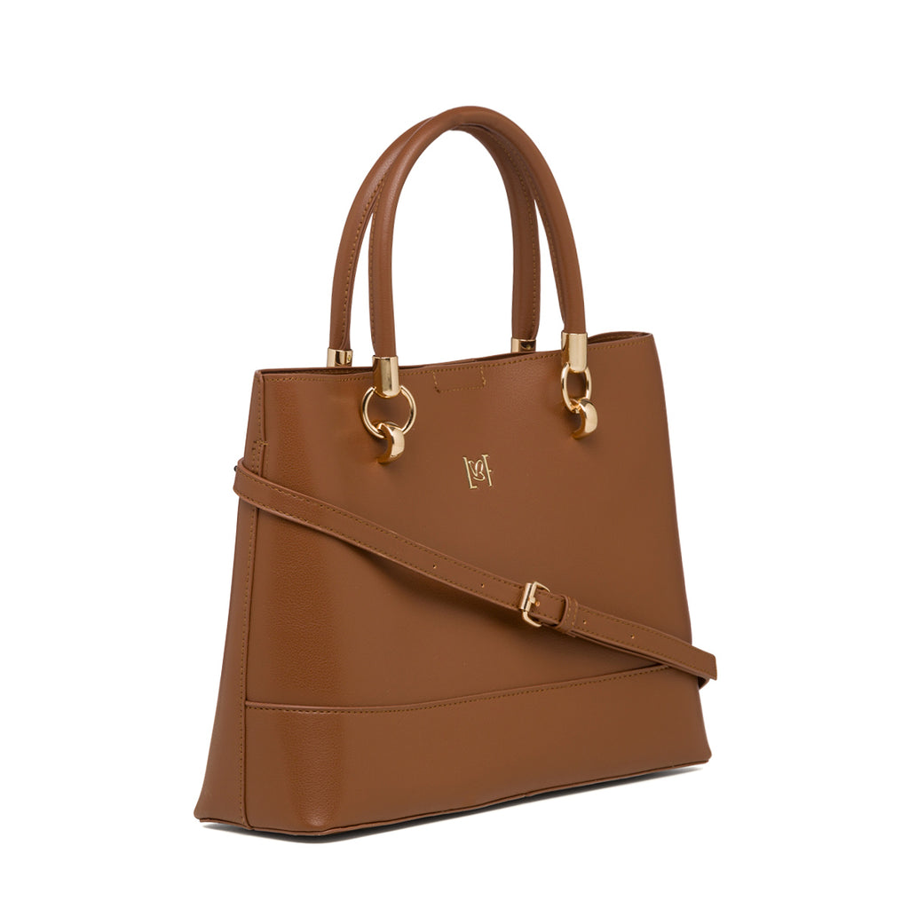 Borsa a mano da donna marrone con logo frontale Lora Ferres