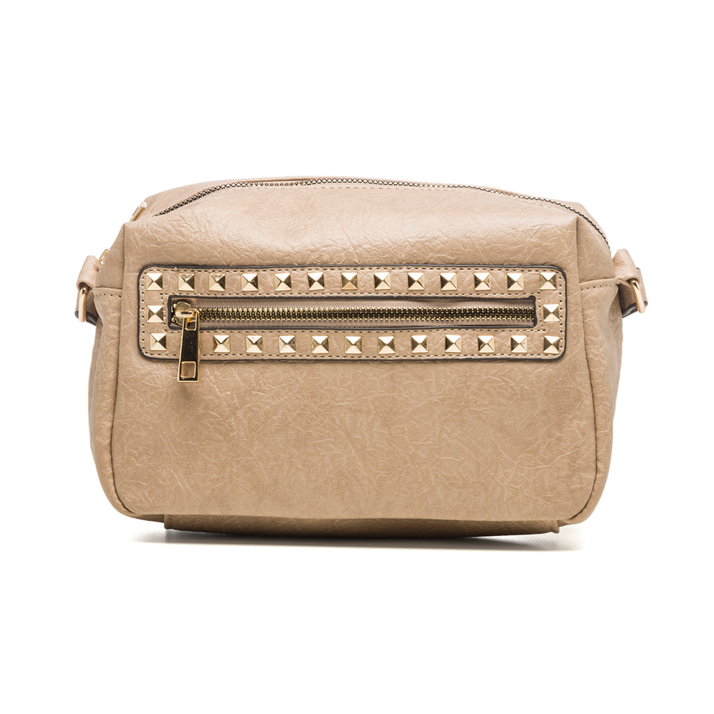 Borsa a tracolla beige con borchie a piramide Lora Ferres