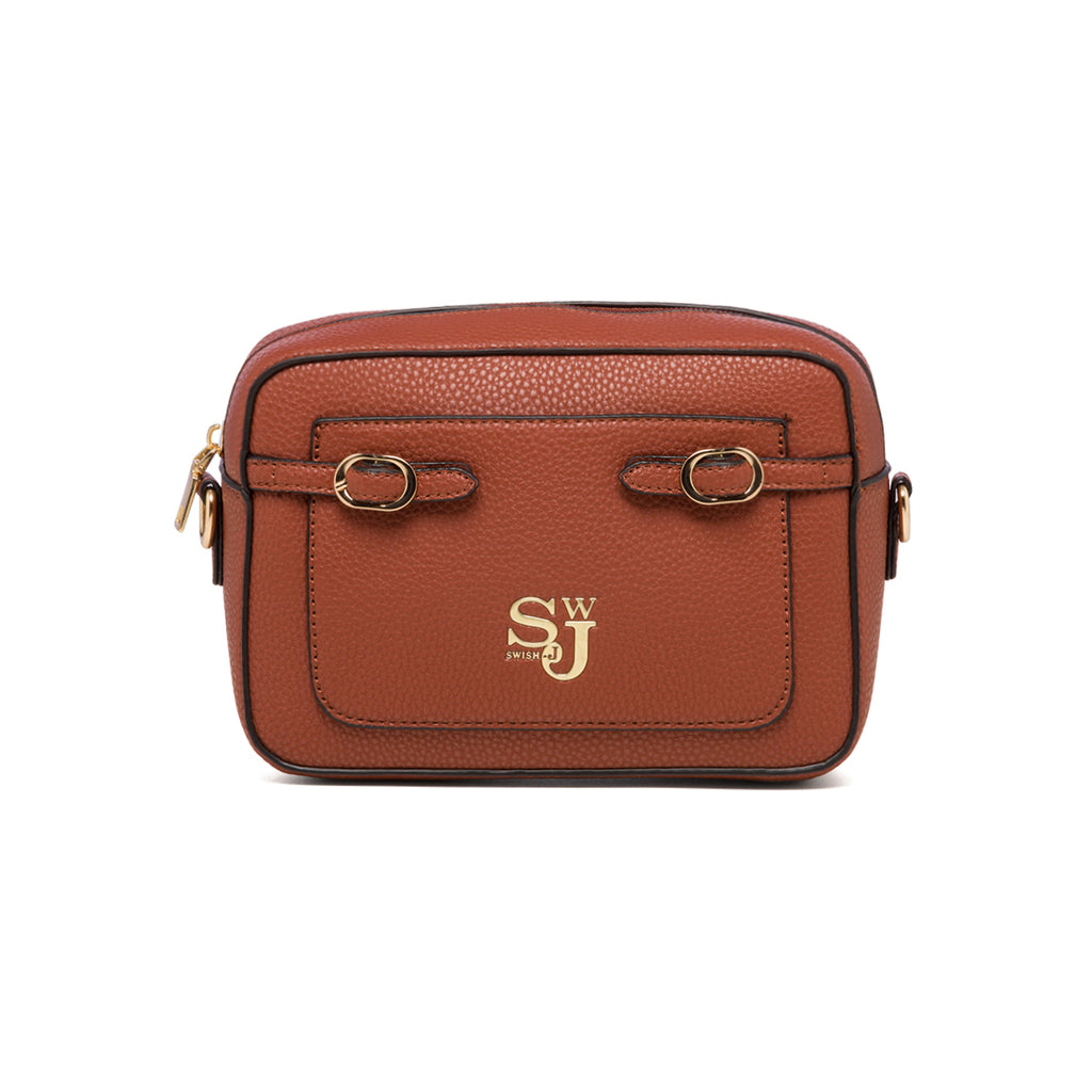 Borsa a tracolla color cuoio da donna con logo in metallo Swish Jeans Alina