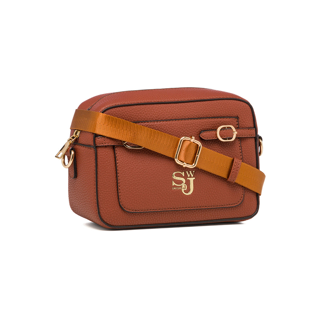 Borsa a tracolla color cuoio da donna con logo in metallo Swish Jeans Alina