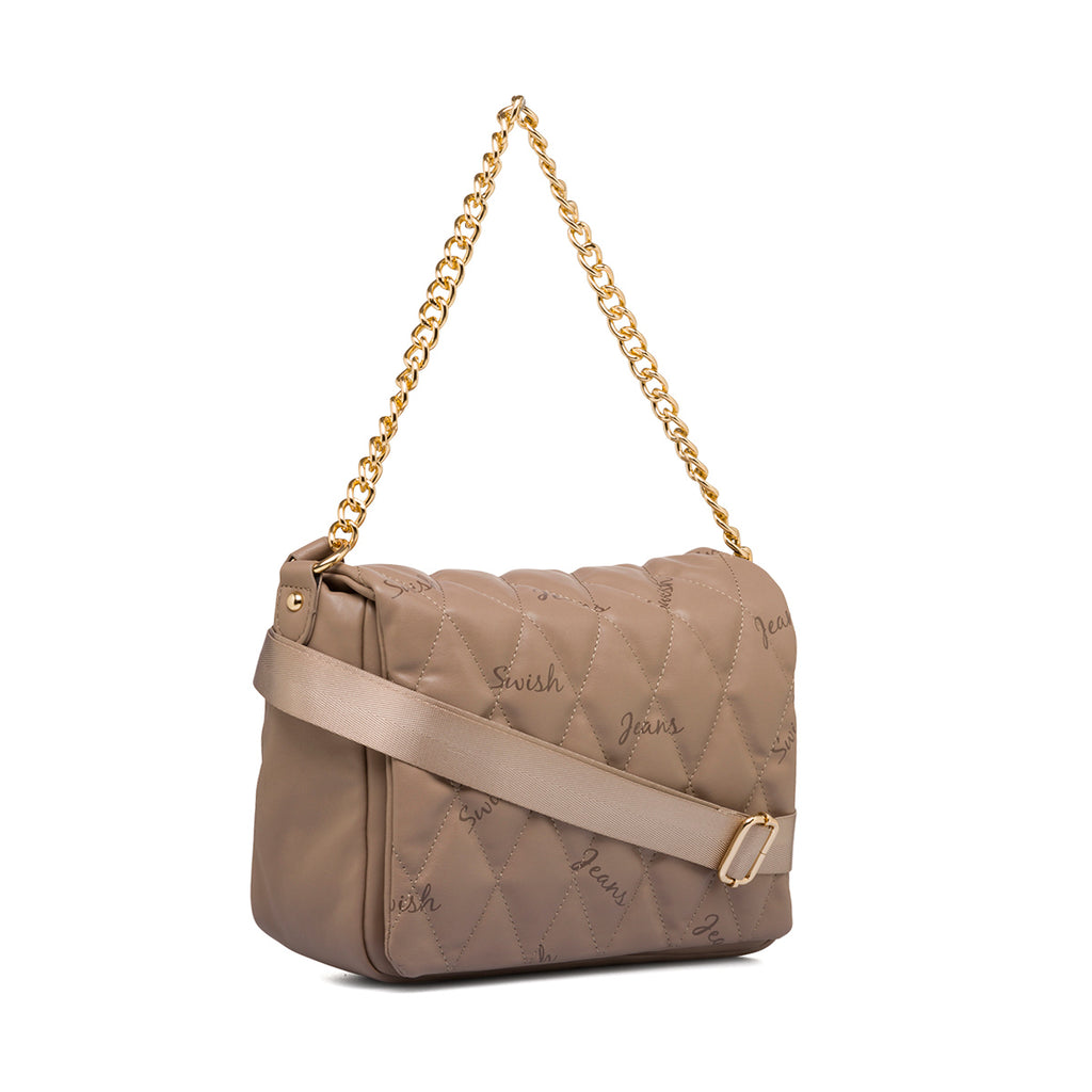 Borsa taupe trapuntata da donna con tracolla a catena Swish Jeans