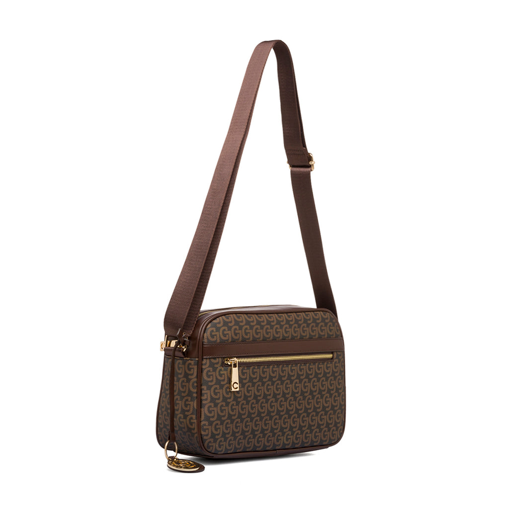 Borsa a tracolla marrone da donna con zip e monogramma Carrera Audrey