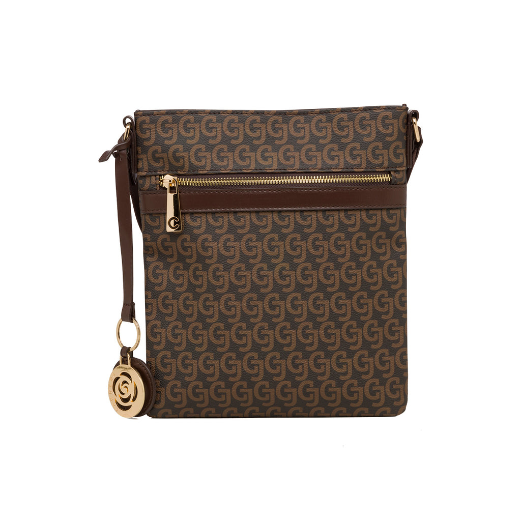 Borsa a tracolla marrone da donna con zip e monogramma Carrera Audrey