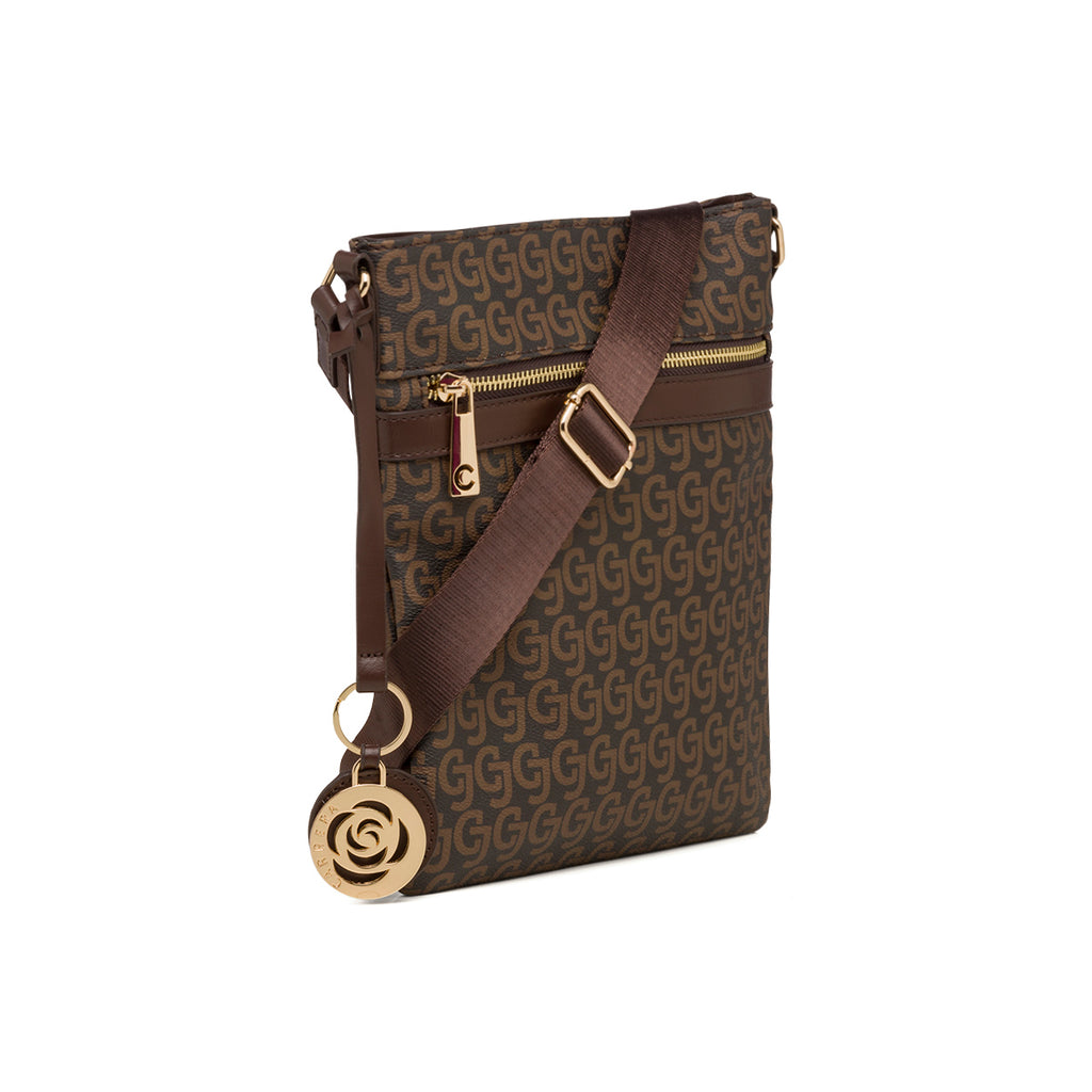 Borsa a tracolla marrone da donna con zip e monogramma Carrera Audrey