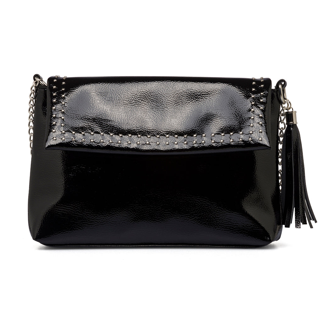 Borsa a tracolla nera effetto vernice da donna con borchiette Lora Ferres