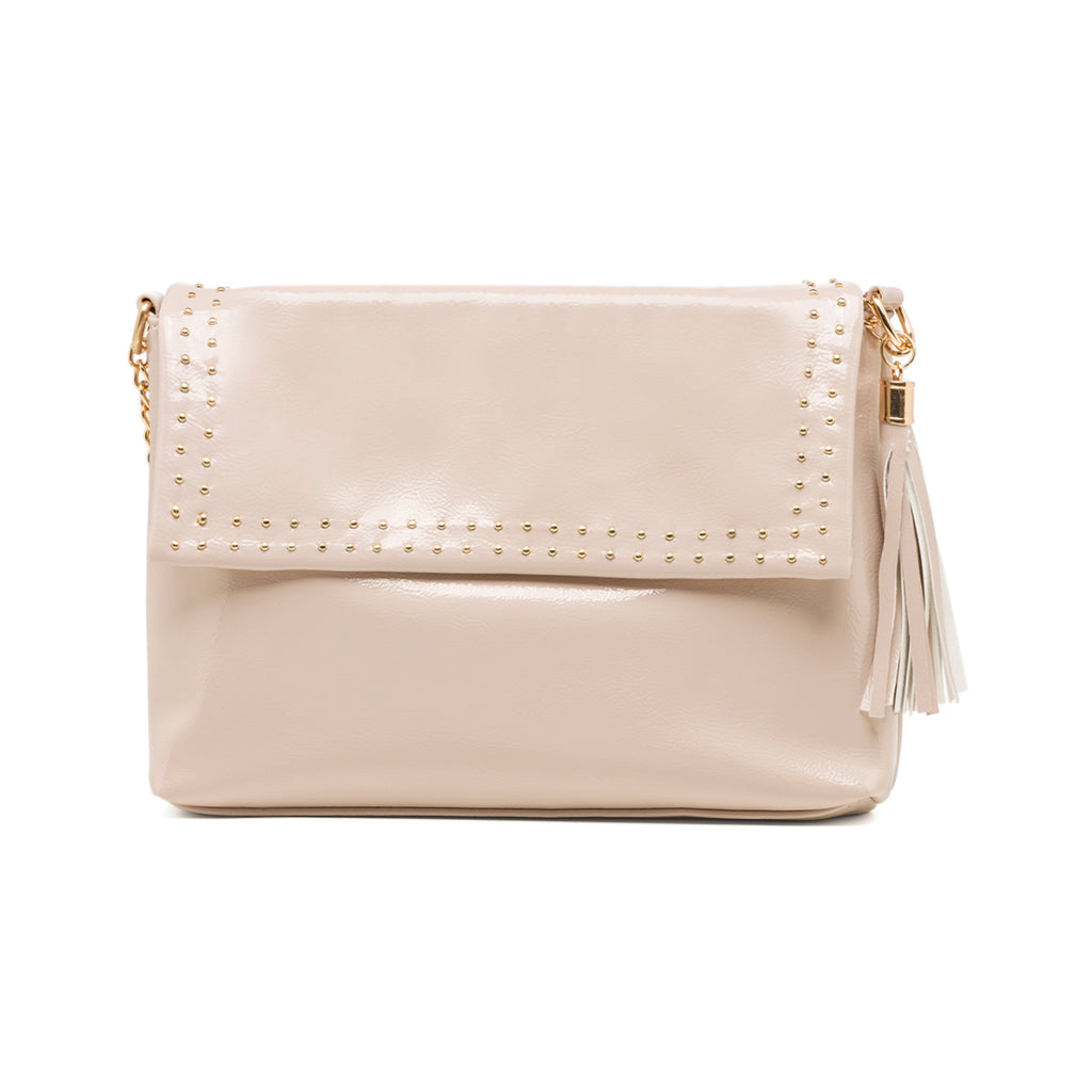 Borsa a tracolla taupe effetto lucido da donna con borchiette Lora Ferres