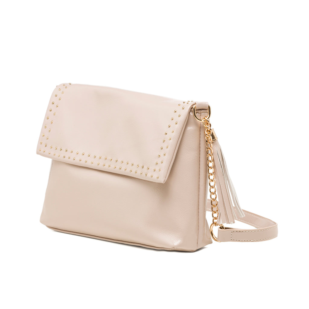 Borsa a tracolla taupe effetto lucido da donna con borchiette Lora Ferres