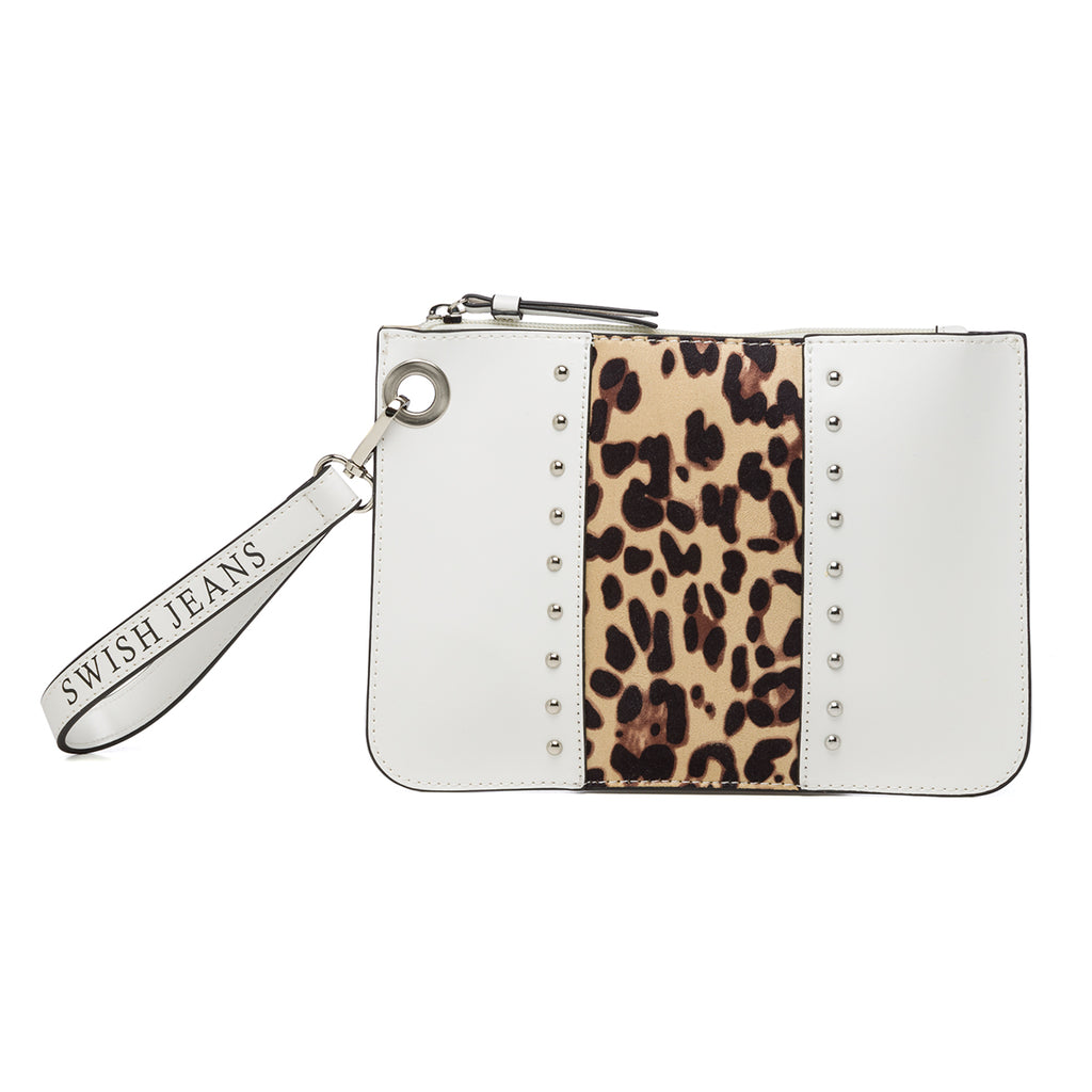 Clutch bianca con fascia animalier e applicazione di borchie Swish Jeans