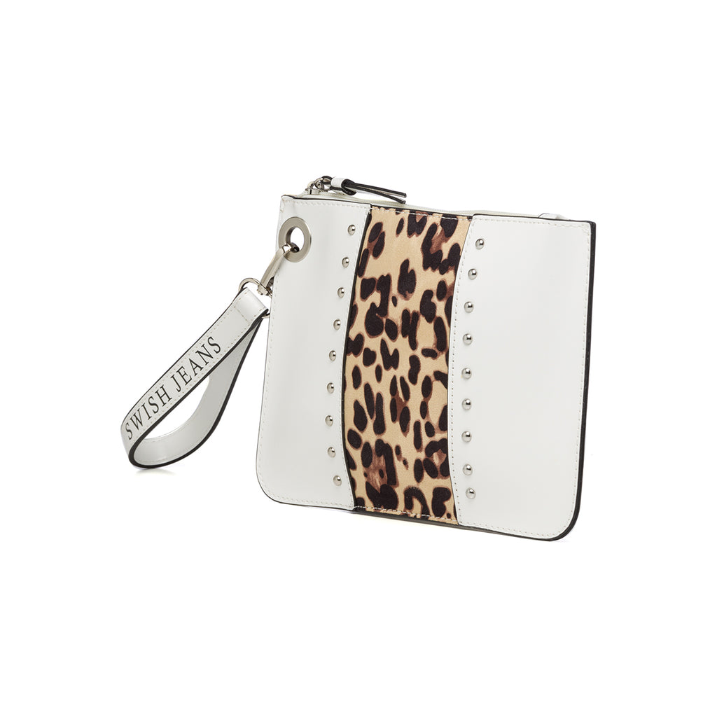 Clutch bianca con fascia animalier e applicazione di borchie Swish Jeans