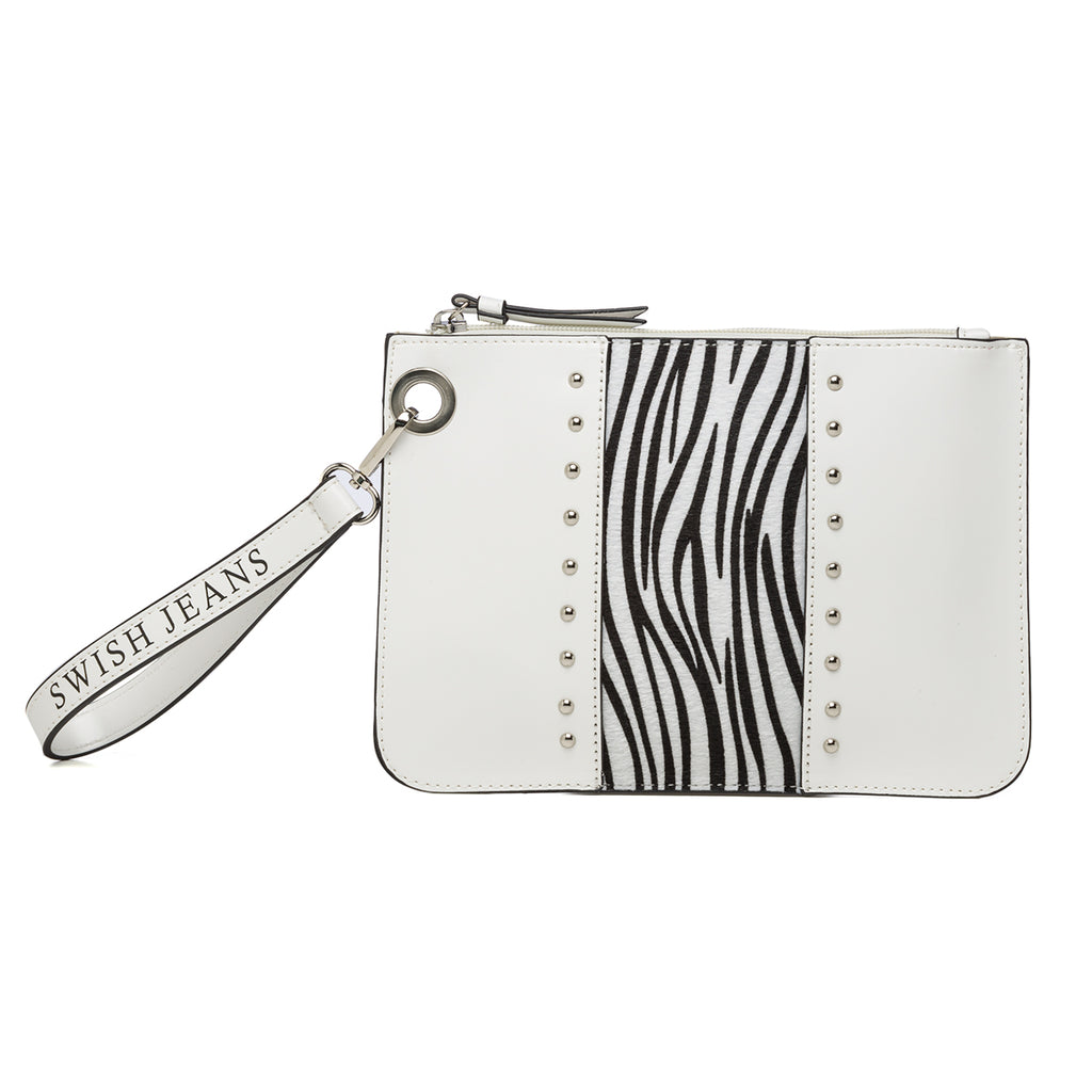 Clutch bianca con fascia animalier e applicazione di borchie Swish Jeans