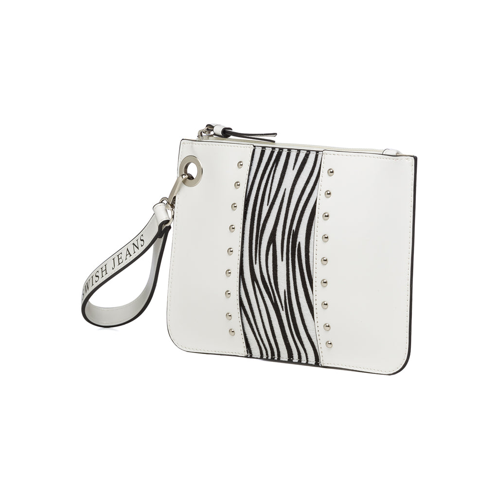 Clutch bianca con fascia animalier e applicazione di borchie Swish Jeans