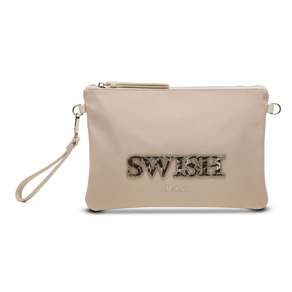 Clutch beige con logo animalier e applicazione di perline Swish Jeans