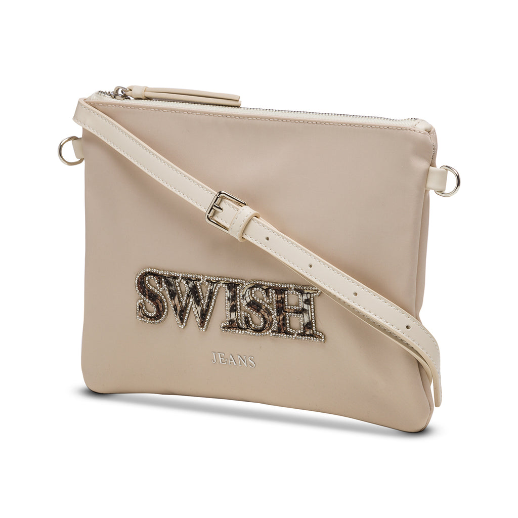 Clutch beige con logo animalier e applicazione di perline Swish Jeans