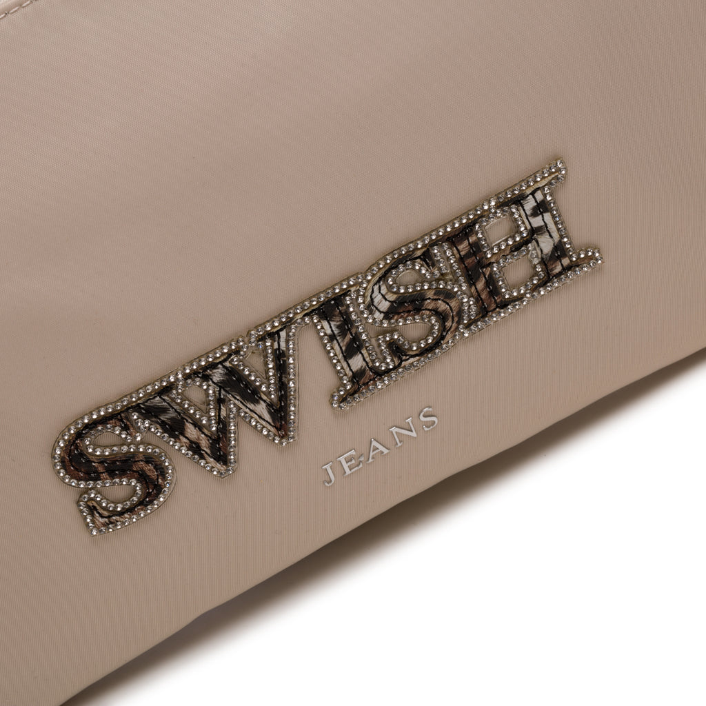 Clutch beige con logo animalier e applicazione di perline Swish Jeans