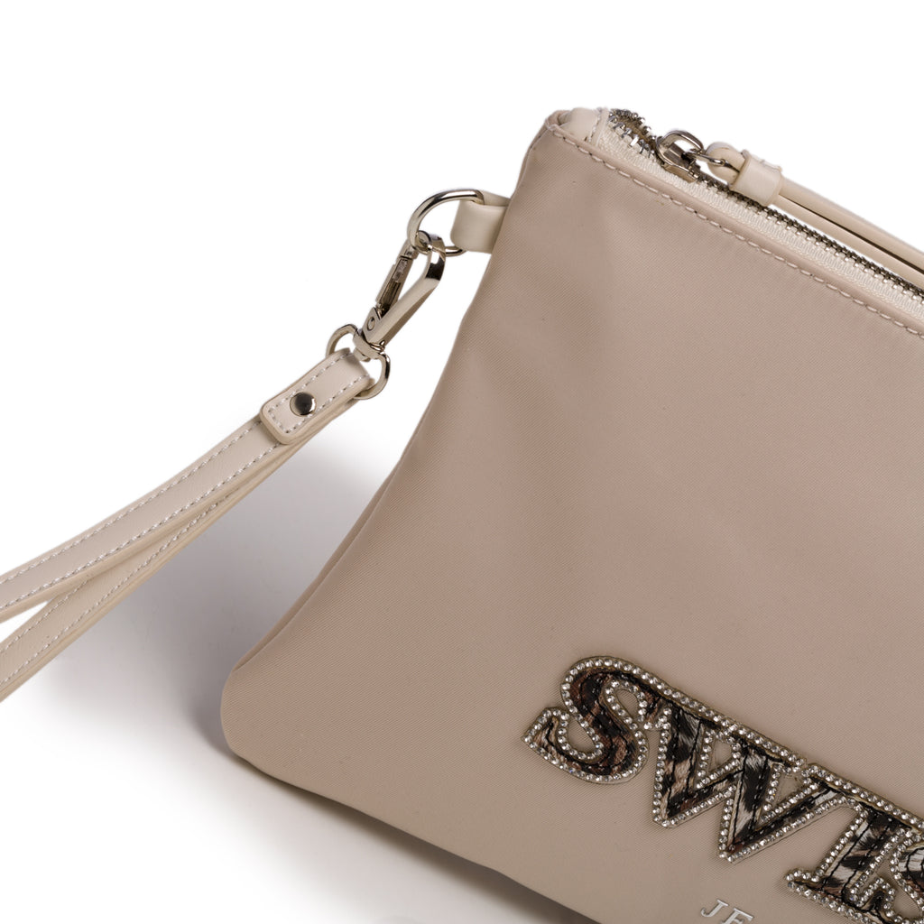 Clutch beige con logo animalier e applicazione di perline Swish Jeans