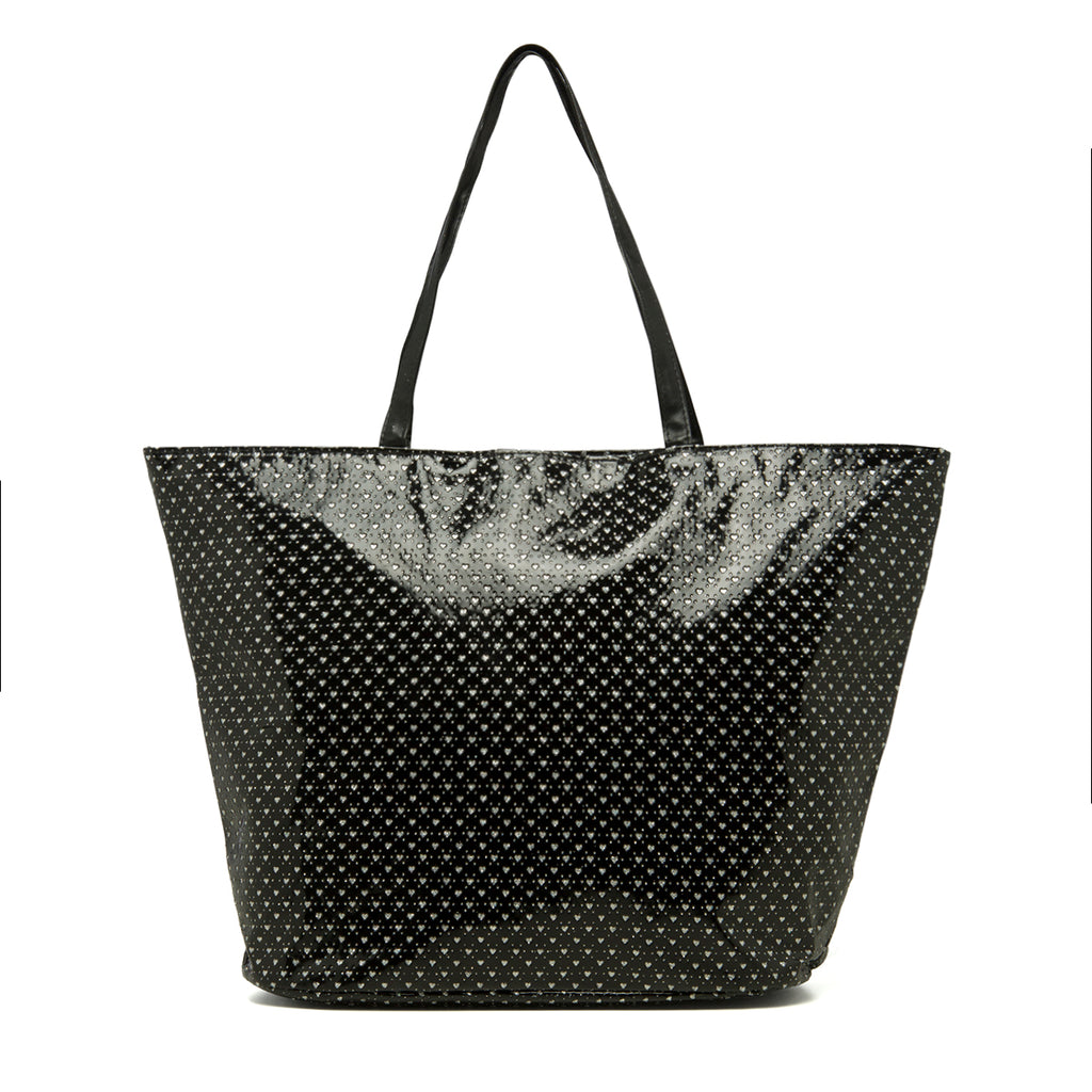 Borsa a spalla nera effetto vernice con cuoricini glitterati Lora Ferres