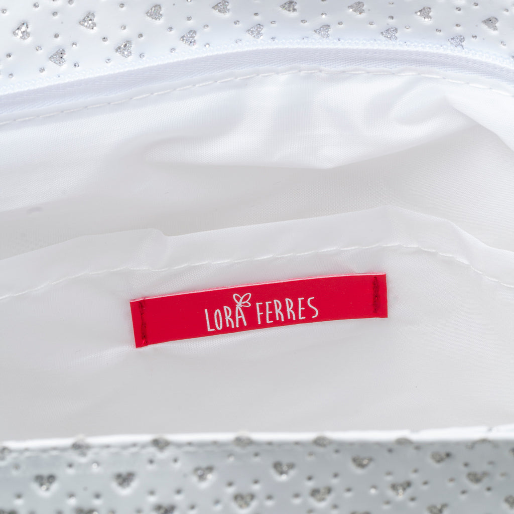 Borsa a spalla bianca effetto vernice con cuoricini glitterati Lora Ferres